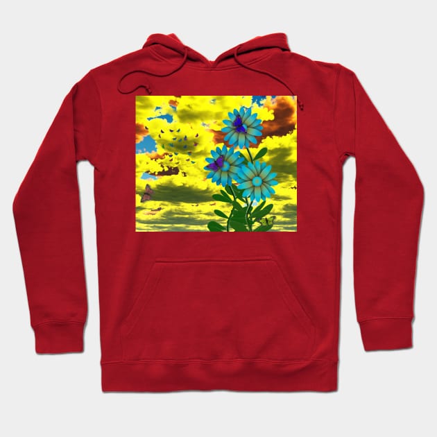 Butterflies and blue daisies Hoodie by rolffimages